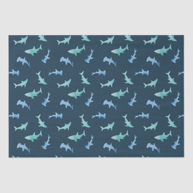 Watercolor Swimming Shark Silhouettes Pattern Tissue Paper (Front)