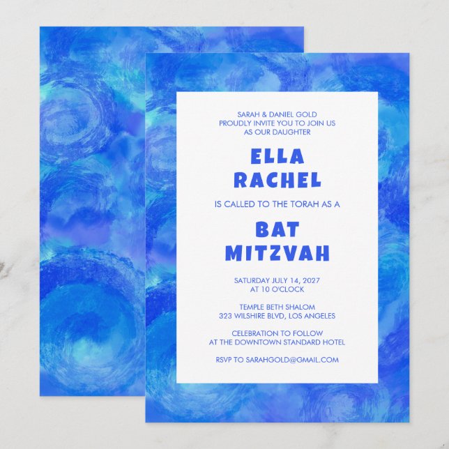 Watercolor Swirl Blue Custom Bar Bat Mitzvah Invitation (Front/Back)
