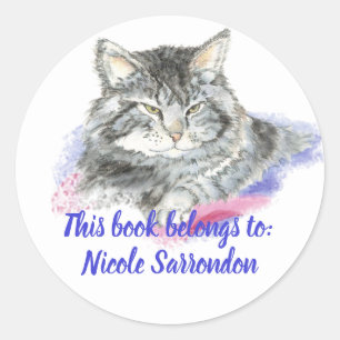 Watercolor Tabby Cat Book Plate Classic Round Sticker