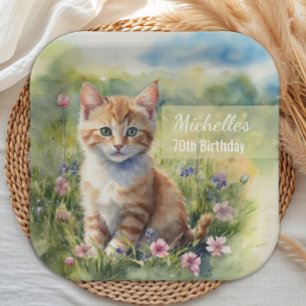 Watercolor Tabby Cat Pet Meadow 70th Birthday Paper Plate