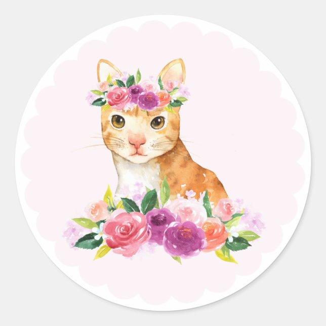 Watercolor Tabby Cat with Floral Crown Sticker (Front)