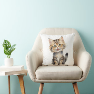 Watercolor Tabby Kitten Throw Pillow
