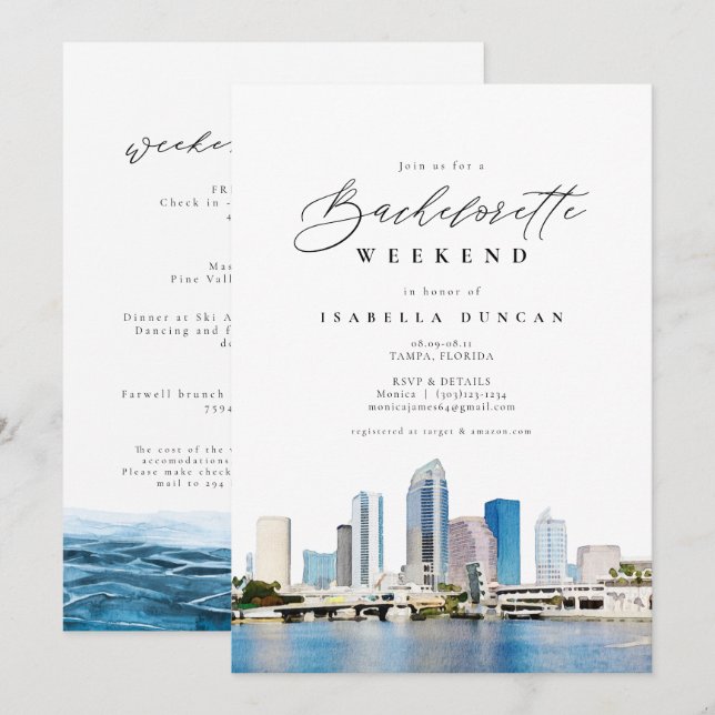 Watercolor Tampa Florida Skyline Ocean Tropical Invitation (Front/Back)