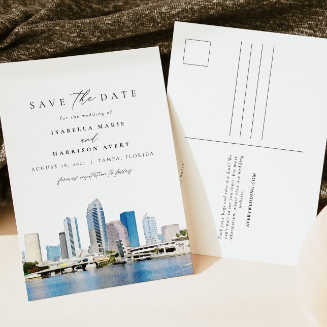 Watercolor Tampa Florida Skyline Save the Date Postcard (Creator Uploaded)