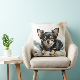 WATERCOLOR TAN & BLACK LONG HAIRED CHIHUAHUA DOG THROW PILLOW