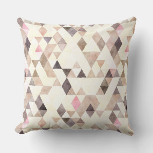 Watercolor Tan Mocha Cream Pink Triangles Pattern Throw Pillow