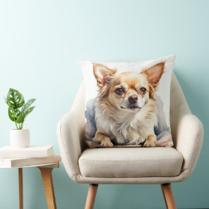 WATERCOLOR TAN & WHITE LONG HAIRED CHIHUAHUA DOG THROW PILLOW