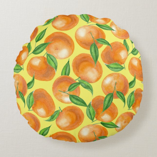 Watercolor tangerines round pillow (Front)