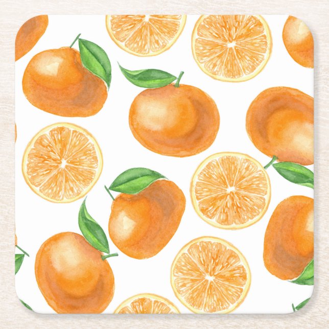 Watercolor tangerines square paper coaster (Front)