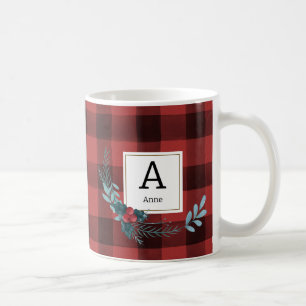 Watercolor Tartan Christmas Greenery Monogram Coffee Mug