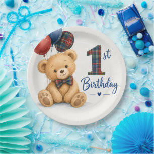 Watercolor Tartan Teddy Bear 1st Birthday  Paper Plate