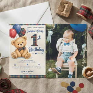 Watercolor Tartan Teddy Bear 1st Birthday Photo Invitation