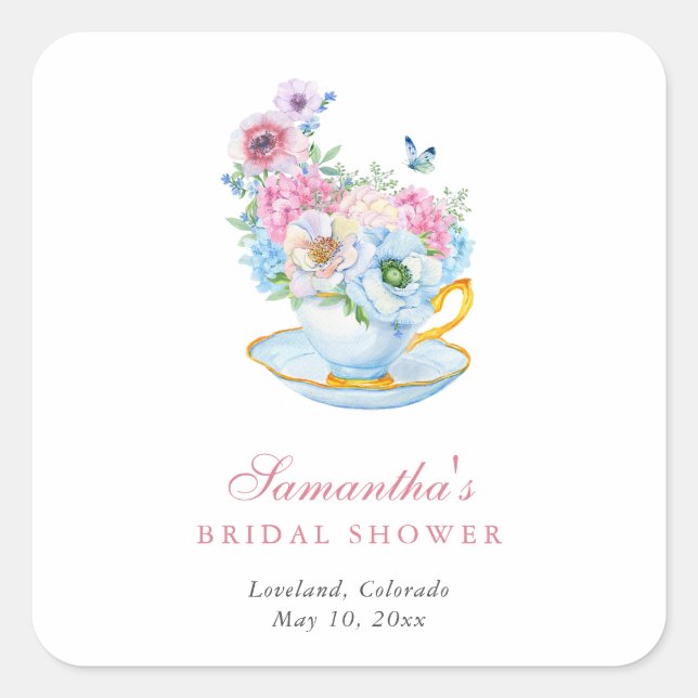 Watercolor Tea Party Bridal shower Square Sticker (Front)