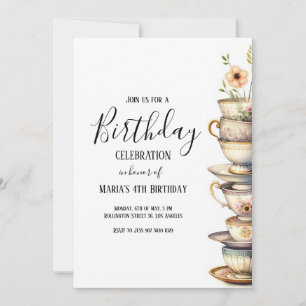Watercolor Tea Party Cute Cups Birthday Invitation