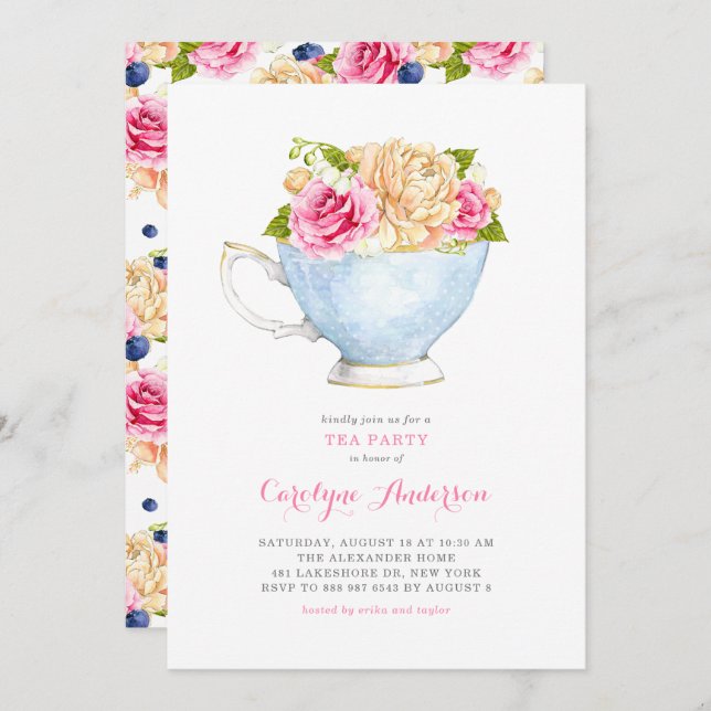Watercolor Teacup Bouquet Flowers Tea Party Invitation (Front/Back)