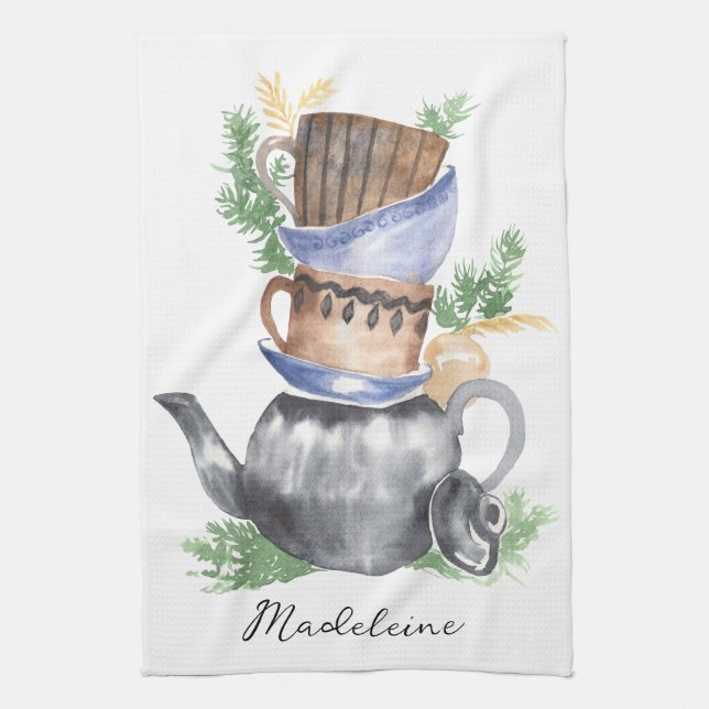 Watercolor Teacups & Teapot Script Name Kitchen Towel (Vertical)