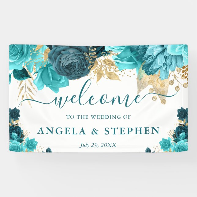 Watercolor Teal and Gold Flowers Wedding Banner (Horizontal)