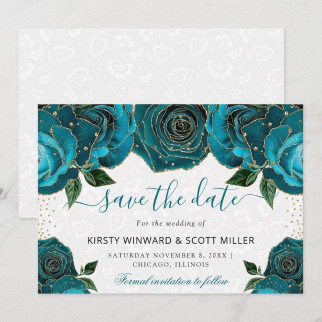 Watercolor Teal and Gold Flowers Wedding Save The Date (Front/Back)