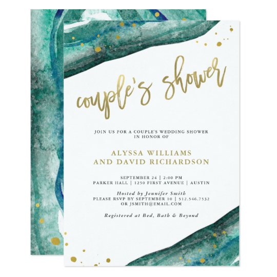 Watercolor Teal and Gold Geode Couples Shower Card