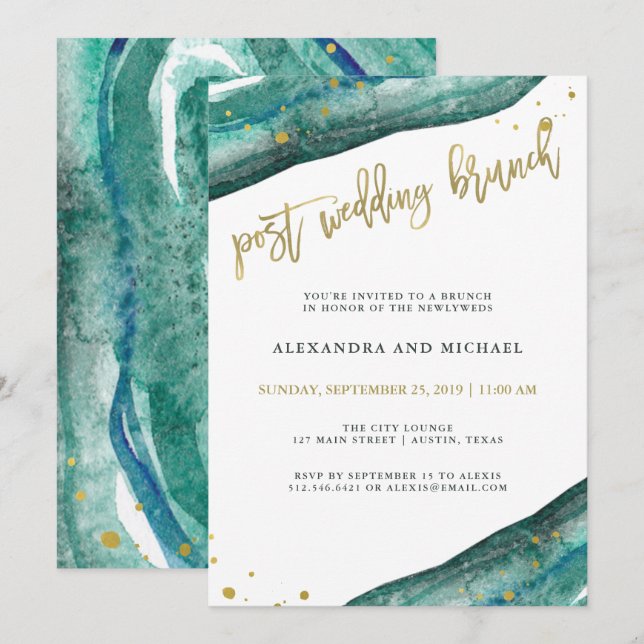 Watercolor Teal and Gold Geode Post Wedding Brunch Invitation (Front/Back)