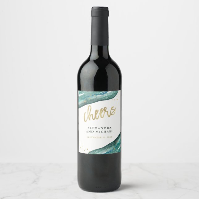 Watercolor Teal and Gold Geode Wedding Cheers Wine Label (Front)