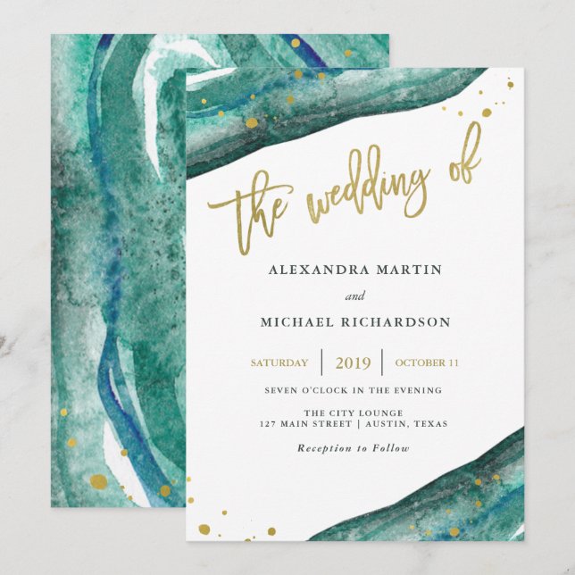 Watercolor Teal and Gold Geode Wedding Invitation (Front/Back)
