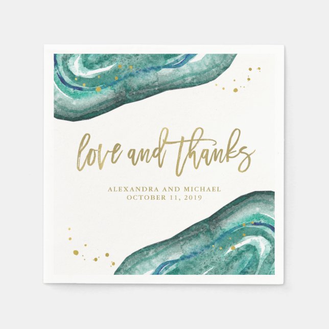 Watercolor Teal and Gold Geode Wedding Napkin (Front)