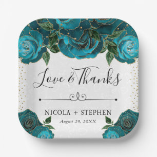 Watercolor Teal and Gold Glam Roses Wedding Paper Plate