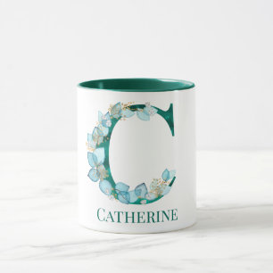 Watercolor Teal and Gold Monogram Letter C Mug