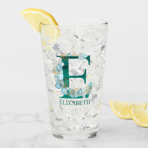 Watercolor Teal and Gold Monogram Letter E Glass