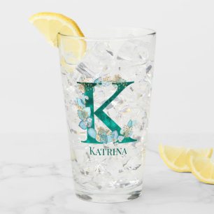 Watercolor Teal and Gold Monogram Letter K Glass