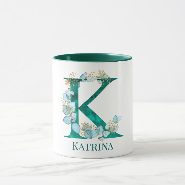 Watercolor Teal and Gold Monogram Letter K Mug (Center)