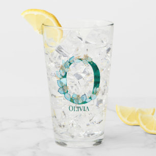 Watercolor Teal and Gold Monogram Letter O Glass