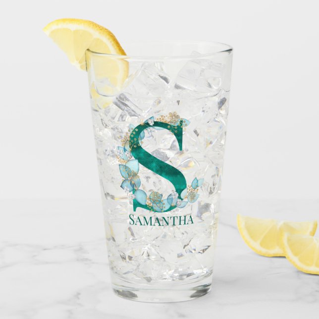 Watercolor Teal and Gold Monogram Letter S Glass (Front Ice)