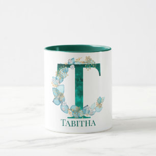 Watercolor Teal and Gold Monogram Letter T Mug