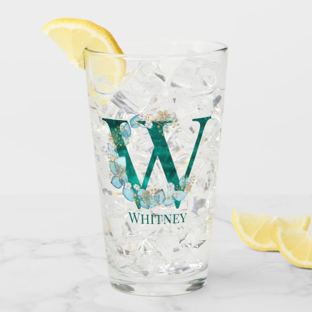 Watercolor Teal and Gold Monogram Letter W Glass (Front Ice)