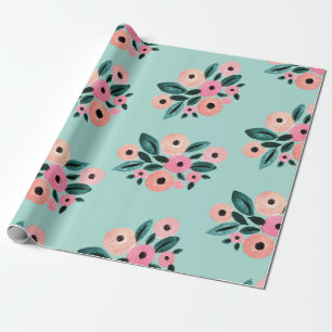 Watercolor Teal and Pink Floral Wrapping Paper
