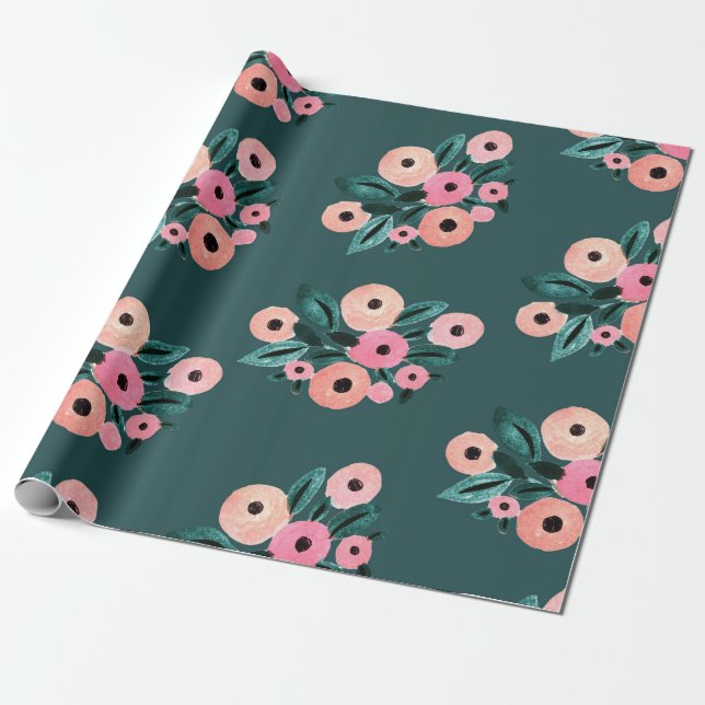 Watercolor Teal and Pink Floral Wrapping Paper (Unrolled)