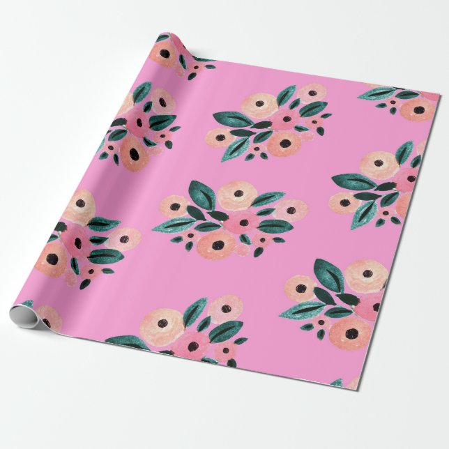 Watercolor Teal and Pink Floral Wrapping Paper (Unrolled)