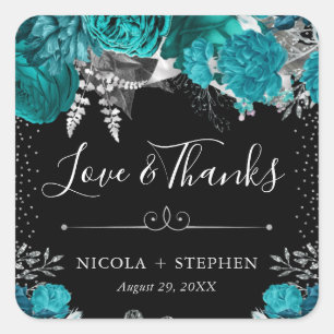 Watercolor Teal and Silver Flowers Wedding Square Sticker