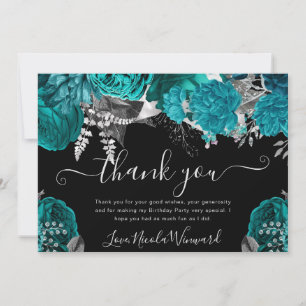 Watercolor Teal and Silver Roses Birthday Thank You Card