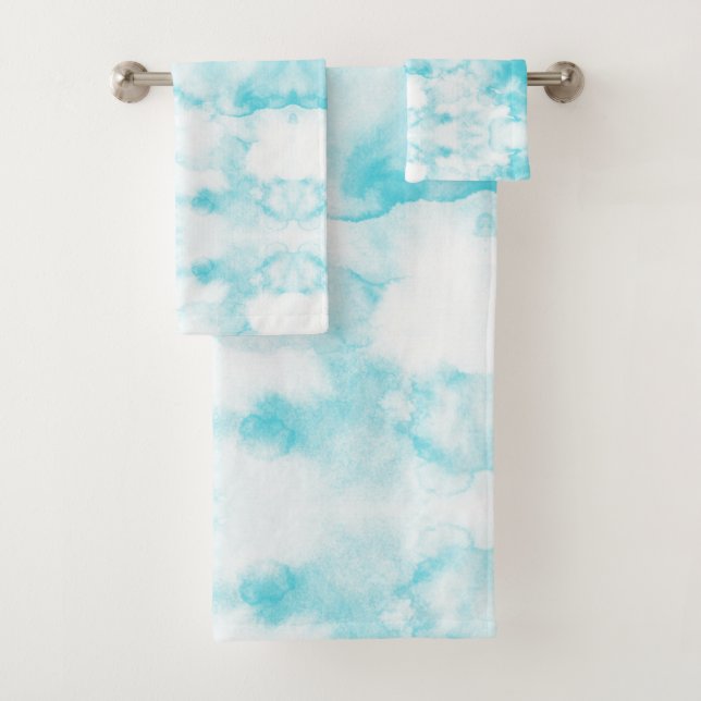Watercolor teal blue abstract pattern bath towel set (Insitu)