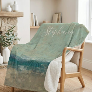 Watercolor Teal Blue Beach Aesthetic Sherpa Blanket