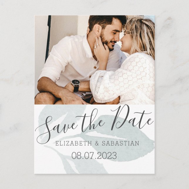 Watercolor Teal Blue Foliage Save The Date  Announcement Postcard (Front)