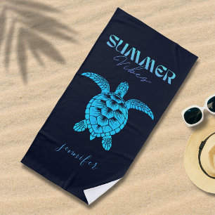  Watercolor Teal Blue Sea Turtle Personalized  Beach Towel