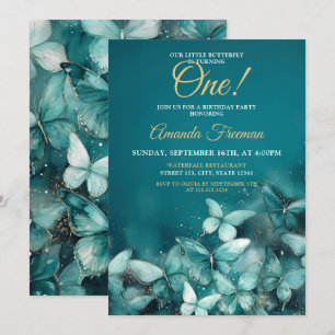 Watercolor Teal Butterflies Glitter 1st Birthday Invitation