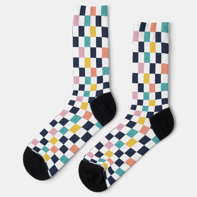 Watercolor Teal Coral Checkerboard Socks (Left)