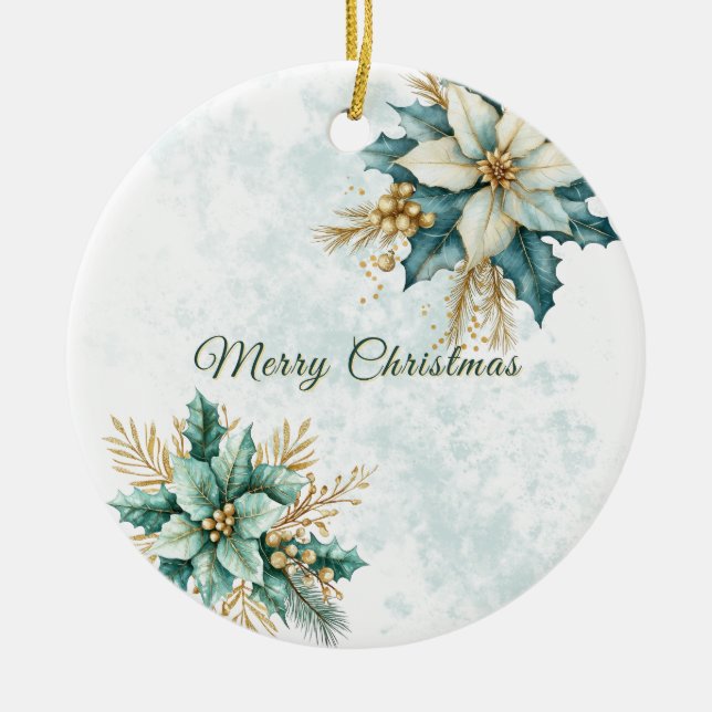 Watercolor Teal Floral Christmas Holiday Ceramic Ornament (Front)