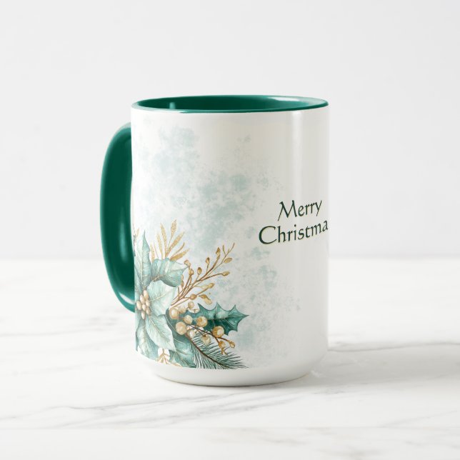 Watercolor Teal Floral Christmas Holiday Mug (Front Left)