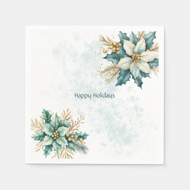 Watercolor Teal Floral Christmas Holiday Napkin (Front)
